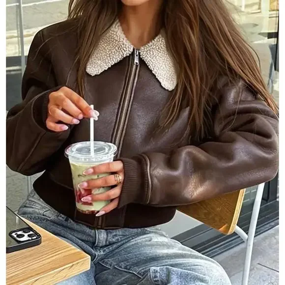 Women's Brown Leather Jacket - Picture 2 of 7